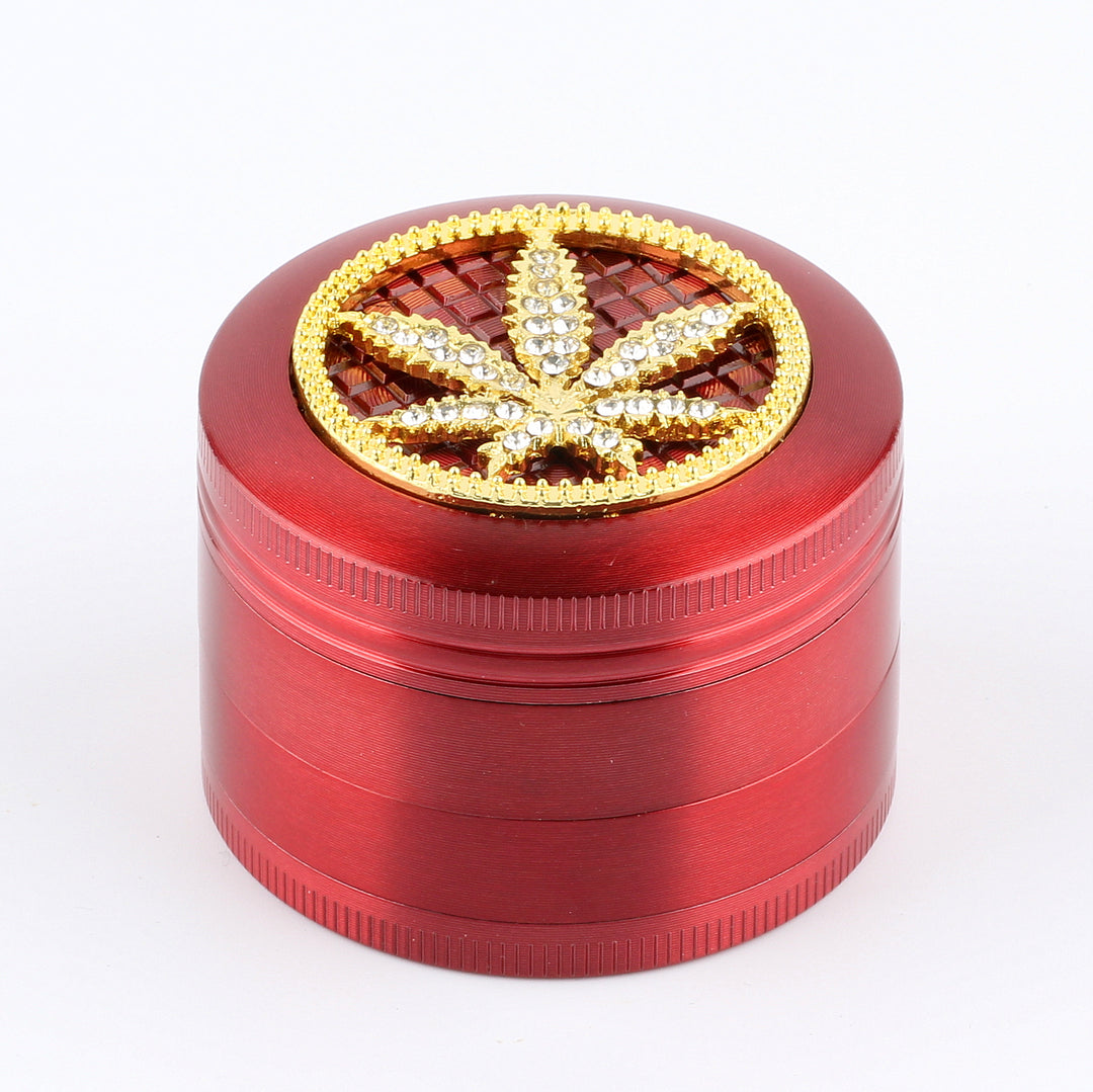 Cannabis Hanf Blatt mit Diamanten Grinder Crusher Cannabis Mühle Gold Rot Bordeaux 3