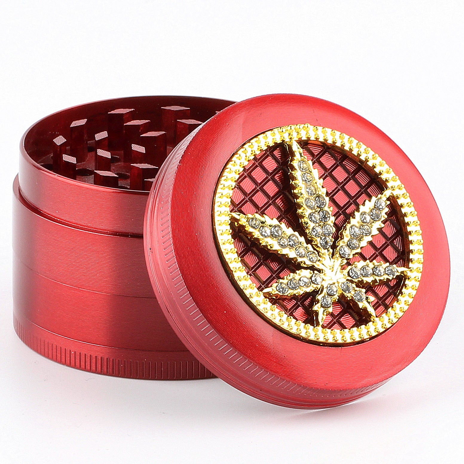 Cannabis Hanf Blatt mit Diamanten Grinder Crusher Cannabis Mühle Gold Rot Bordeaux