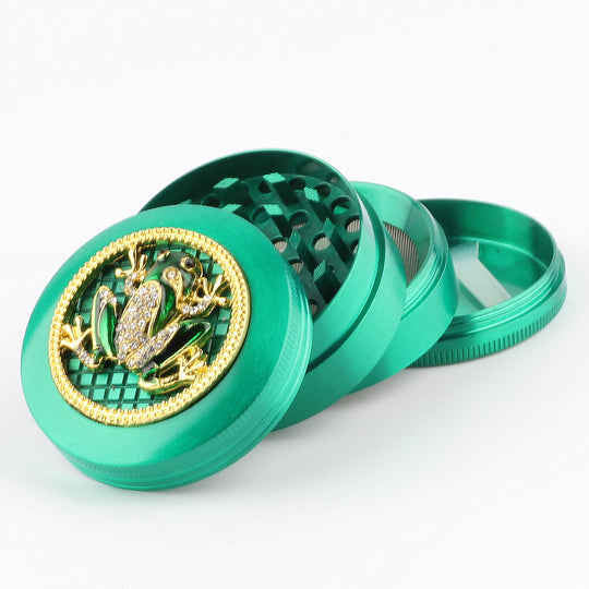 Frosch Frog mit Diamanten Grinder Crusher Cannabis Mühle grün gold 2