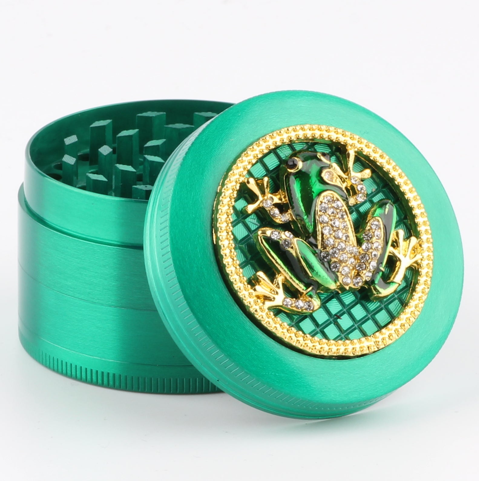 Frosch Frog mit Diamanten Grinder Crusher Cannabis Mühle grün gold