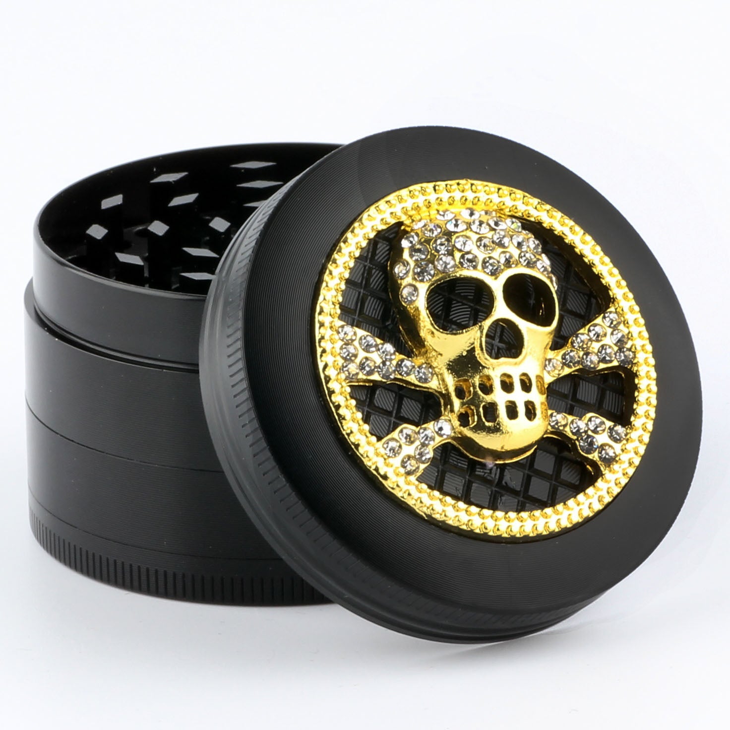 Totenkopf mit Diamanten Grinder Crusher Cannabis Mühle Gold Schwarz