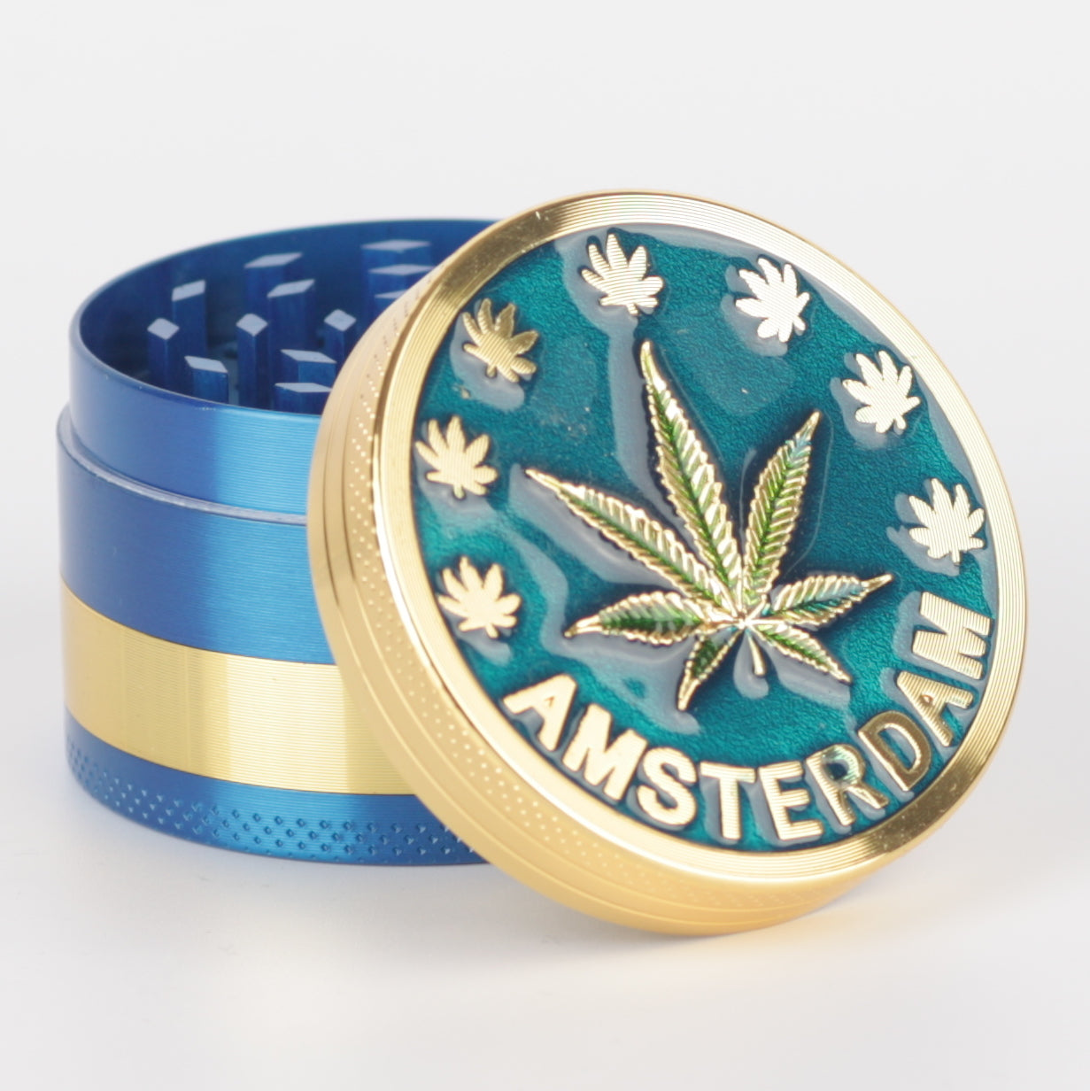 amsterdam grinder blau mit hanfblatt