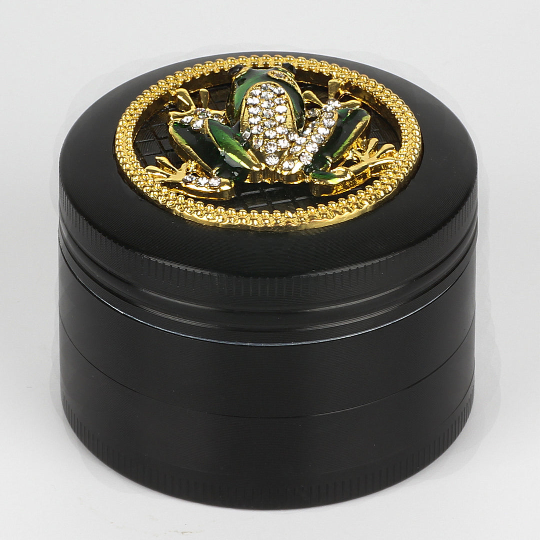 Frosch Frog mit Diamanten Grinder Crusher Cannabis Mühle schwarz gold 7